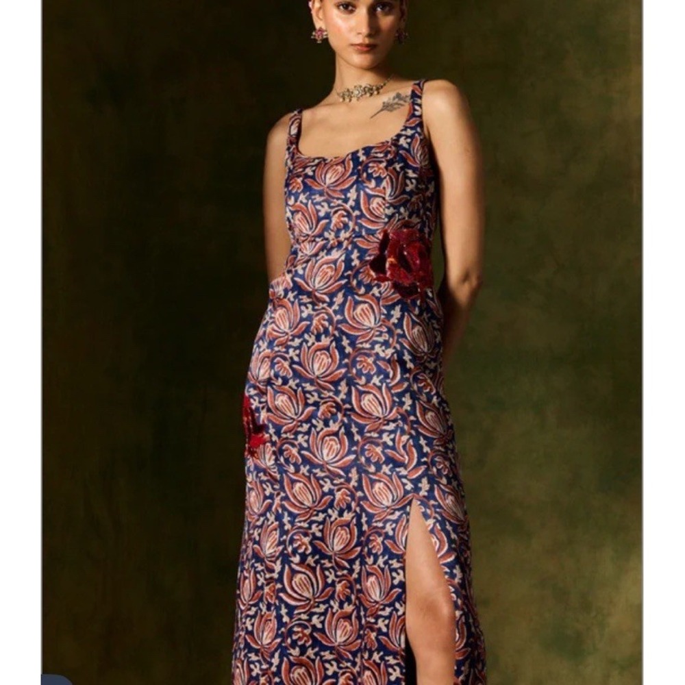 JODI Inaaya Silk Dress Sz M Midi Floral Hand Embroidery Hand Printed Lined Boho - Picture 3 of 15